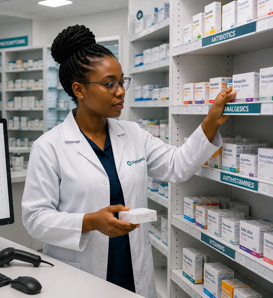 A pharmacist checks stock against the Digitrust HMS pharmacy dashboard