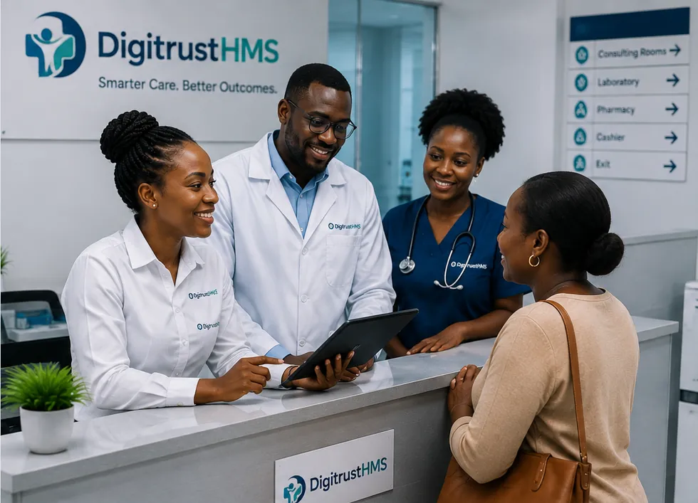 A facility team welcomes a patient at a Digitrust HMS front desk