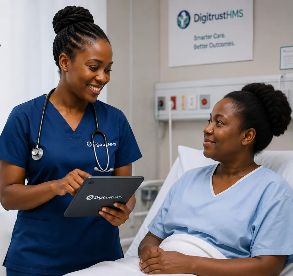 A nurse reviews care notes with an admitted patient on a tablet